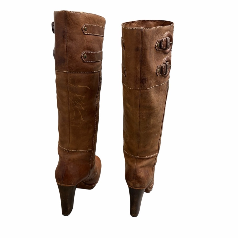 Frye Frankie Buckle Boots Leather Heeled Tall Brown 8 - Picture 7 of 12